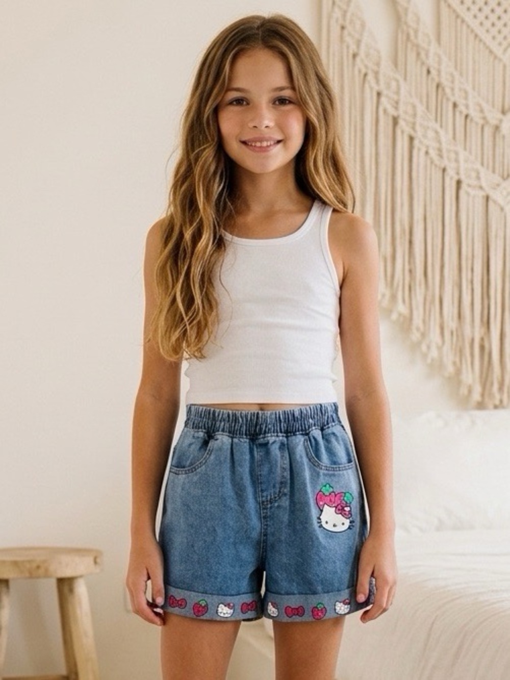 Hello Kitty by Sanrio Denim Shorts Elastic Waist Kawaii Cute Size Small